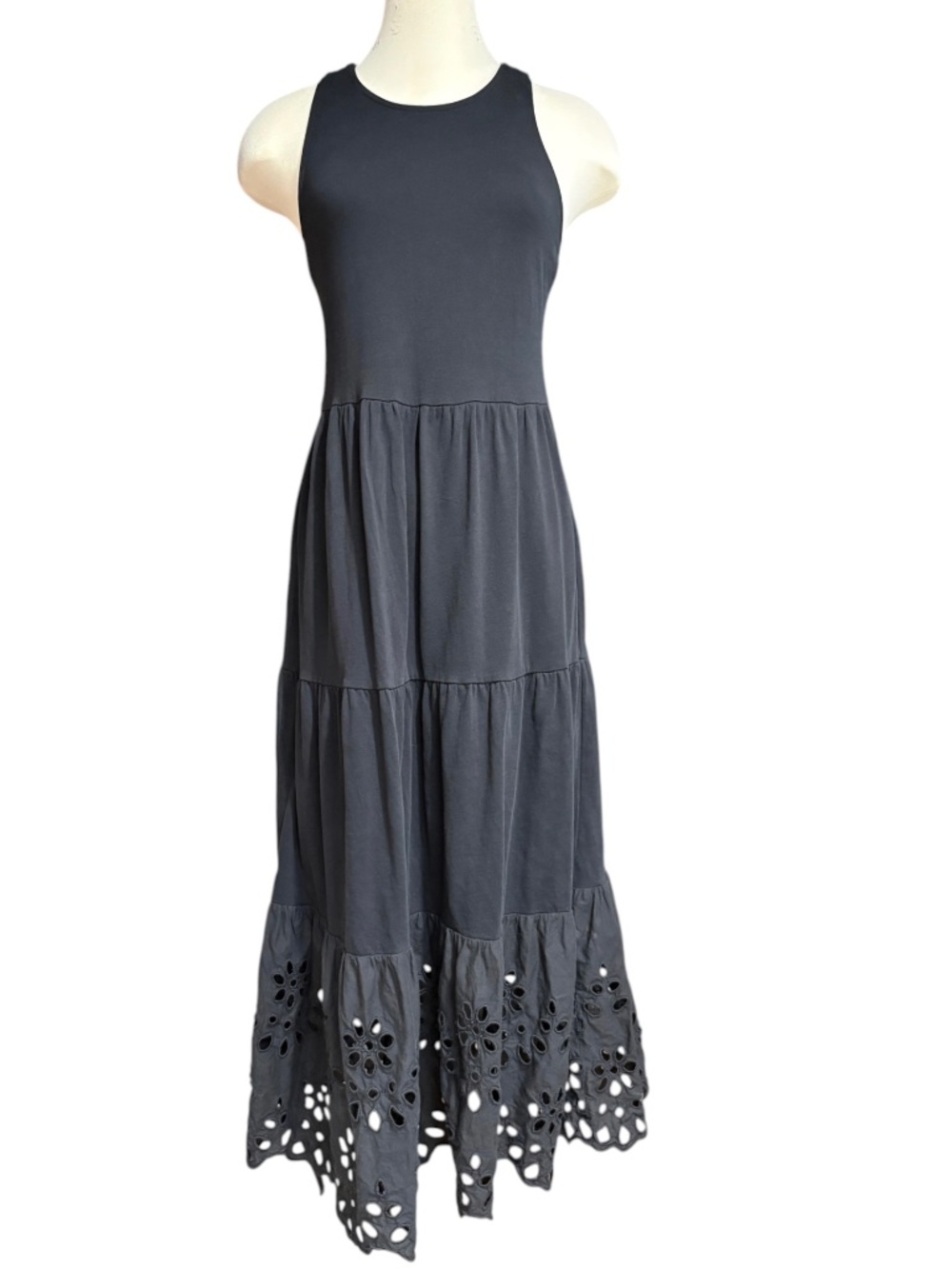 J.Crew Black Tiered Maxi Dress XS/S 100% Cotton Knit Eyelet Sleeveless Boho